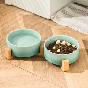 Ceramic Pet Bowl Dish with Wood Stand