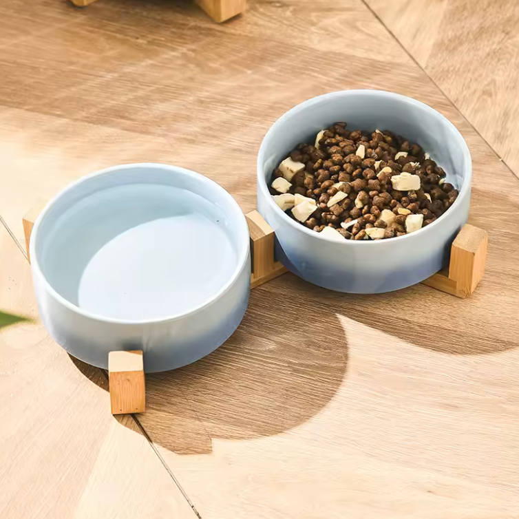 Ceramic Pet Bowl Dish with Wood Stand